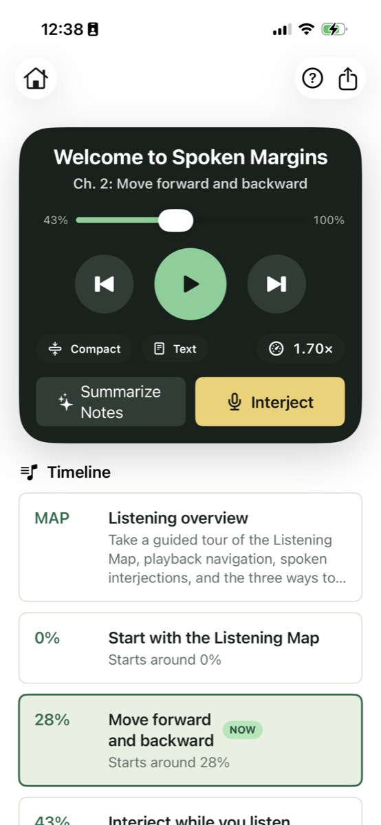 Spoken Margins beta listening screen with playback, an Interject button, and a timeline.